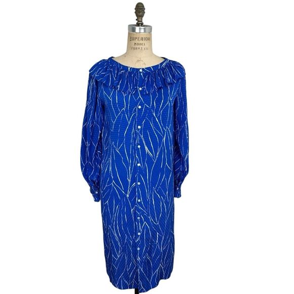 Vintage Adele Simpson Women Silk Midi Dress Medium Royal Blue Long Sleeve Ruffle - Picture 1 of 14